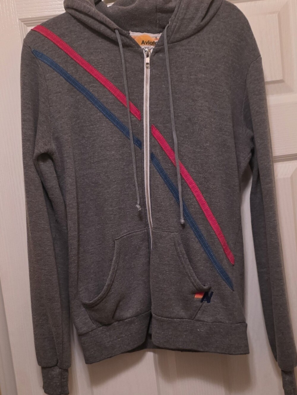 Aviator Nation Gray Zip Hoodie with Red / Blue Diagonal Stripes